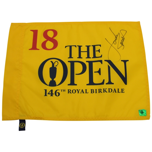 Jordan Spieth Signed 2017 OPEN at Royal Birkdale Yellow Screen Flag JSA ALOA