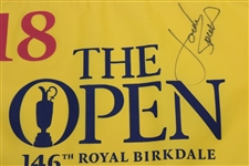 Jordan Spieth Signed 2017 OPEN at Royal Birkdale Yellow Screen Flag JSA ALOA