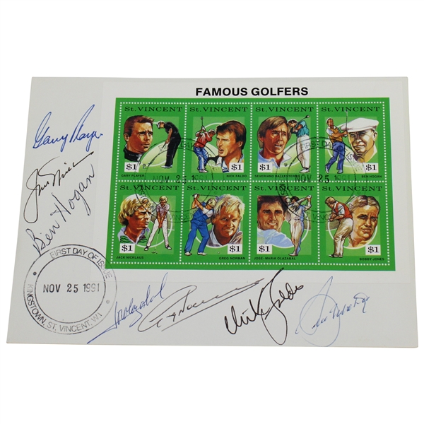 Hogan/Seve/Nicklaus/Player/Norman/Olazabal/Faldo Signed 1991 Famous $1 Golfer Stamps JSA #B58592