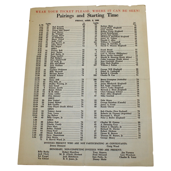 1966 Masters Tournament Friday Pairings & Start Time Sheet