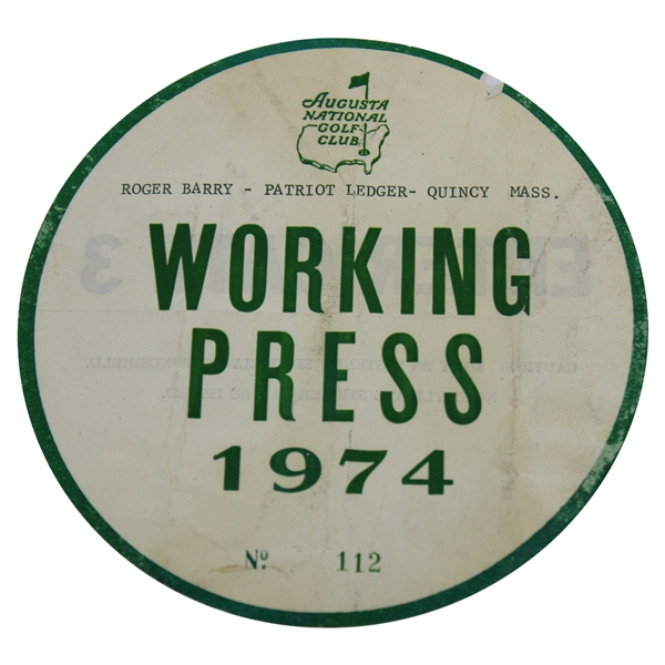 1974 Augusta National Golf Club Working Press Sticker #112 - Roger Barry