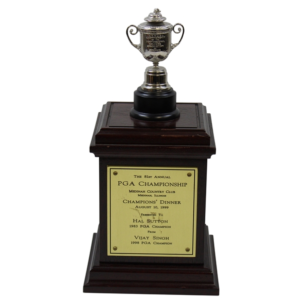 Hal Suttons 1999 PGA Champions Dinner Trophy Gift from Vijay Singh - Replica Wanamaker Trophy on Plinth