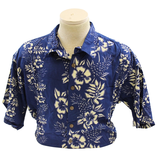 Chi-Chi Rodriguezs Personal Royal Creations Blue with White Flowers Hawaiian Button Up SS Shirt - Size Large