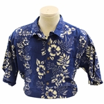 Chi-Chi Rodriguezs Personal Royal Creations Blue with White Flowers Hawaiian Button Up SS Shirt - Size Large