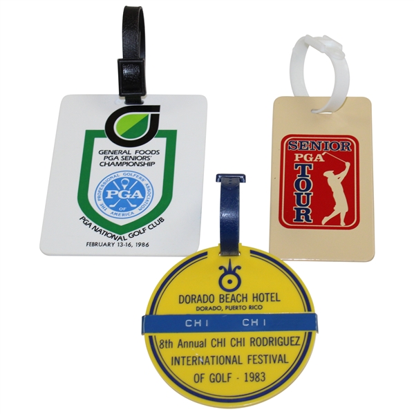 Chi-Chi Rodriguezs Personal Group of Three (3) Bag Tags - 1986 Senior PGA, 1983 Dorado, & Senior PGA Tour