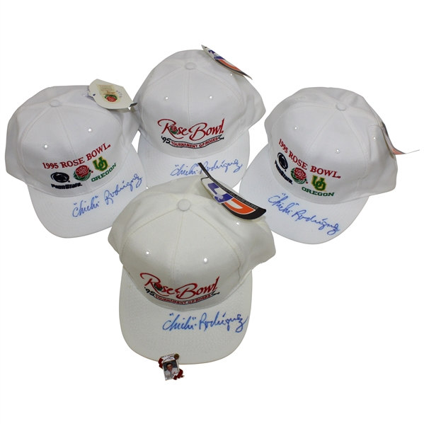 Group of Four (4) Chi-Chi Rodriguez Signed 1995 Rose Bowl Hats with Marshall Pin - Chi-Chi Rodriguez Collection JSA ALOA