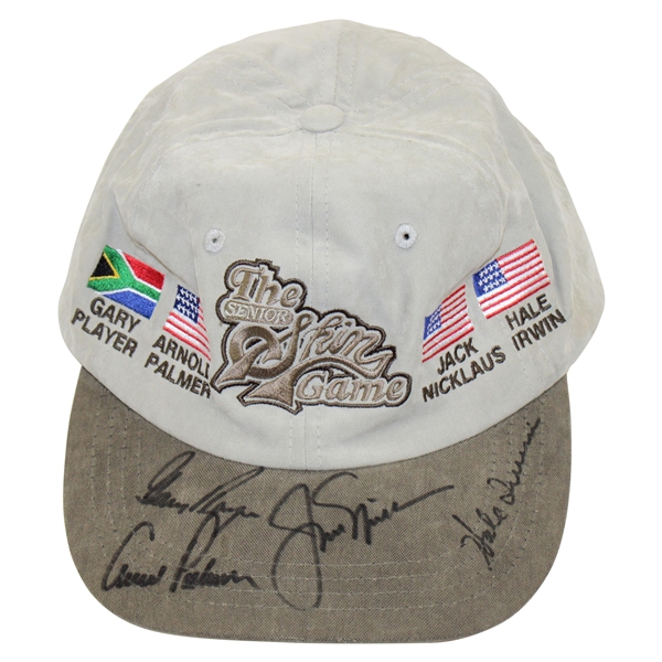 Big 3 Palmer, Nicklaus, & Player Plus Hale Irwin Signed Senior Skins Game Hat JSA ALOA