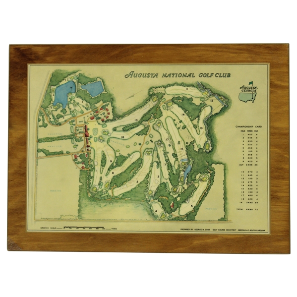1968 Augusta National Golf Club George Cobb Course Map on Wooden Plaque Contestant Gift