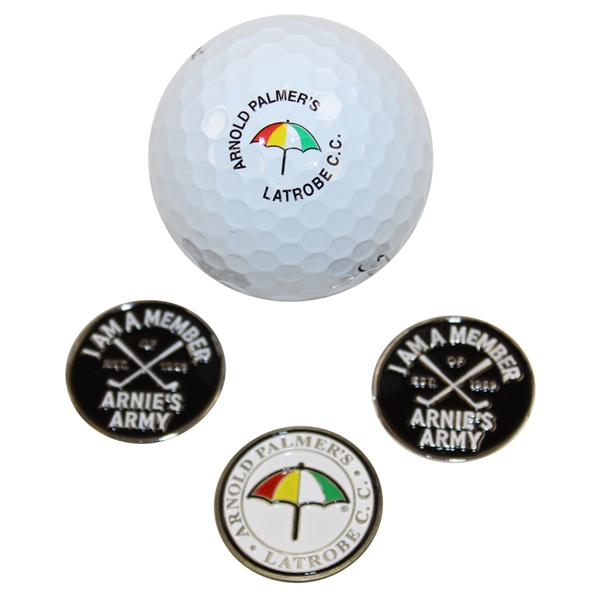 Four (4) Arnold Palmer Items -  Latrobe & Member of Arnies Army(x2) Ball Markers Plus Logo Golf Ball
