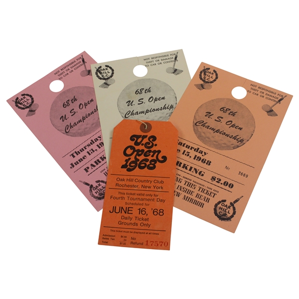 1968 US Open Oak Hill Country Club Final Rd (6/16/1968) Ticket with Three Parking Passes (Thurs., Sat., Sunday)