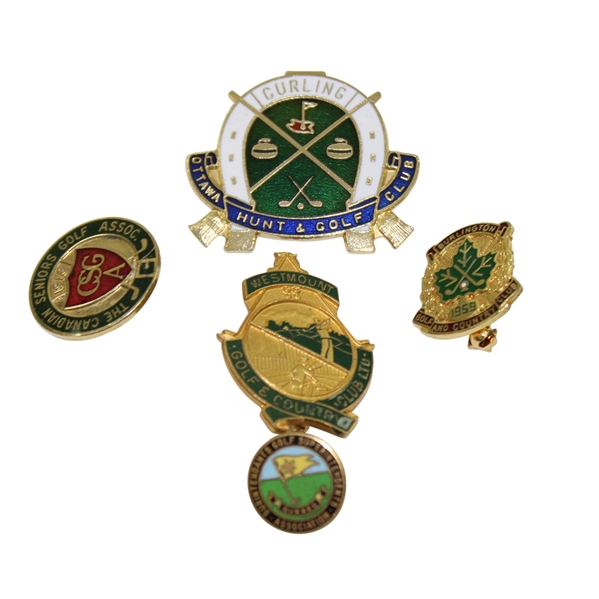 Five (5) Canadian Golf Club & Assoc. Pins/Badges Quebec, Westmount, Ottawa, Seniors, Burlington