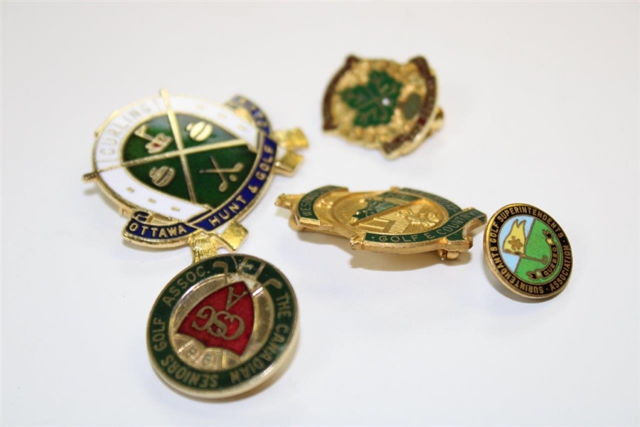Five (5) Canadian Golf Club & Assoc. Pins/Badges Quebec, Westmount, Ottawa, Seniors, Burlington