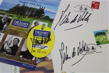 Jean van de Velde Signed 1999 OPEN Sunday Order Sheet, Badge & Two Comm. Postcards JSA ALOA