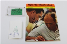 Bob Goalby Signed Masters Flag (w/Year), Sports Illustrated & ANGC Scorecard with 1968 Masters SERIES Badge JSA ALOA