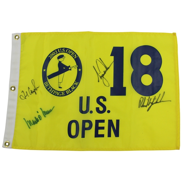 Woods, O'Meara, Couples & Mickelson Signed 2002 US Open Yellow Screen Flag JSA ALOA