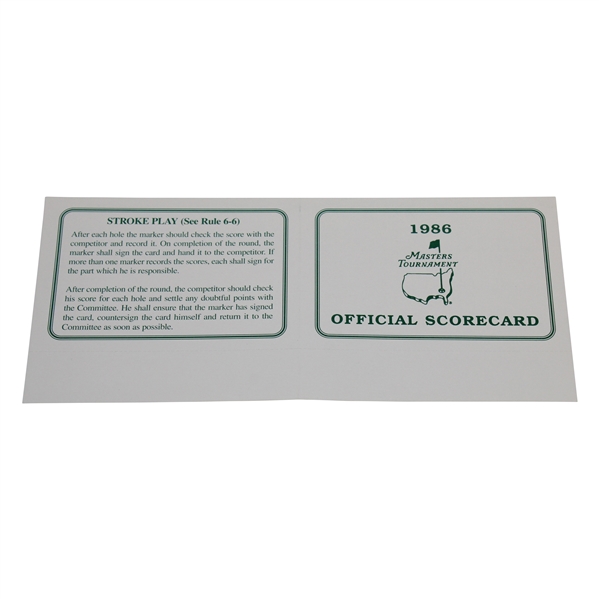 1986 Masters Tournament Official Scorecard - Unused