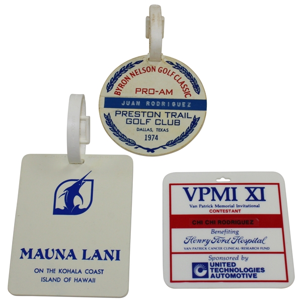 Chi-Chi Rodriguezs Personal Group of Three (3) Bag Tags - 1974 Byron Nelson Classic, Mauna Lani, & VPMI XI