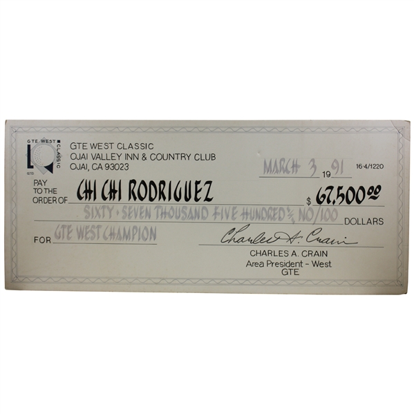 Chi-Chi Rodriguezs Personal Oversize Winners Check from 1991 GTE West Classic for $67,500