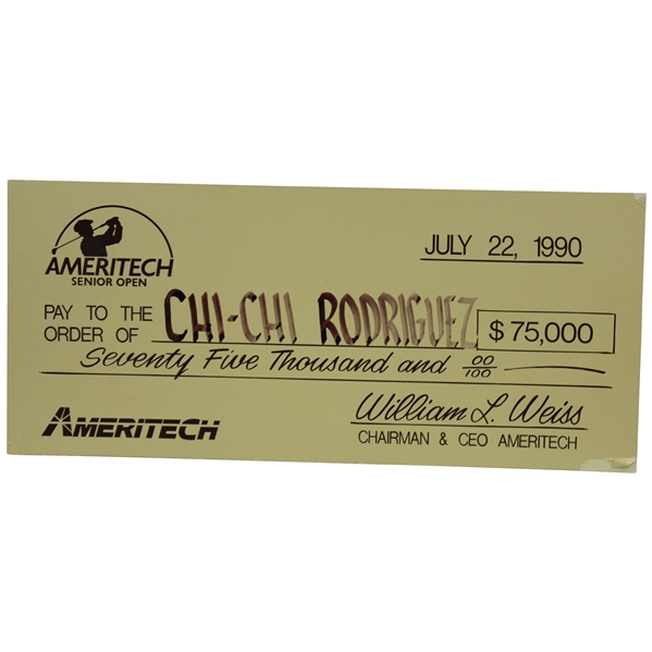Chi-Chi Rodriguezs Personal Oversize Winners Check from 1990 Ameritech Senior Open for $75,000