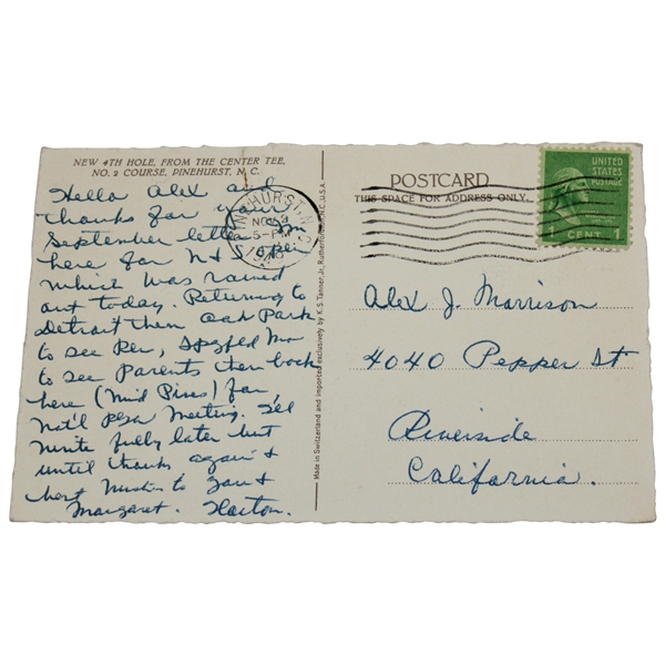 Horton Smith Signed Pinehurst No. 2 Postcard to Alex Morrison - 1949 JSA ALOA