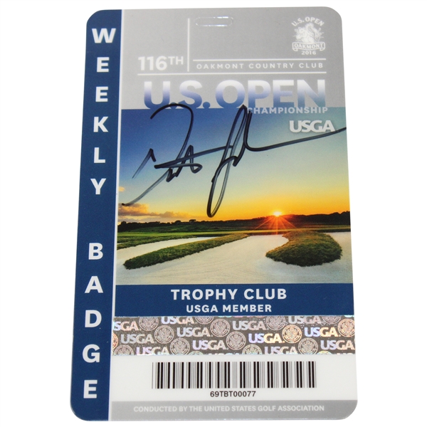 Dustin Johnson Signed 2016 US Open at Oakmont Trophy Club Member Badge JSA #VV50082