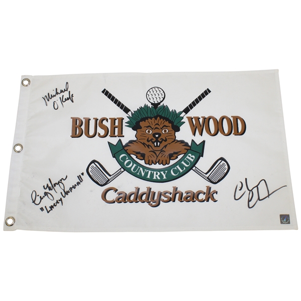 Chevy Chase, Michael OKeefe & Cindy Morgan Signed Caddyshack Bush Wood CC Flag JSA ALOA