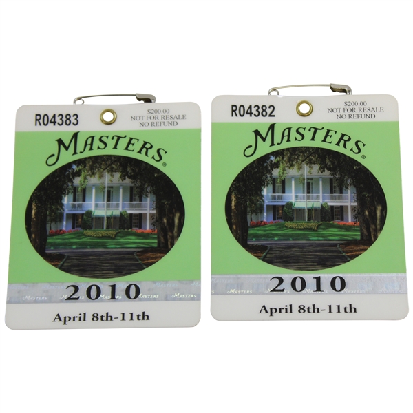 Two (2) 2010 Masters Tournament SERIES Badges - #R04383 & #R04382 - Phil Mickelson Winner