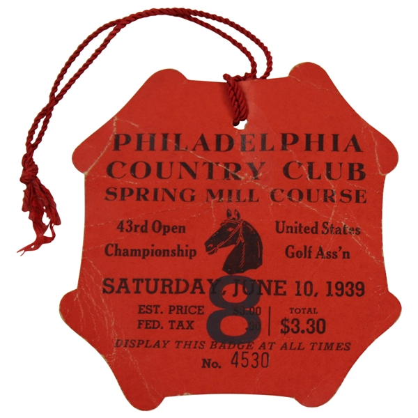 1939 US Open at Philadelphia CC Saturday Ticket #4530 w/Original String - Nelson/Wood/Shute Playoff