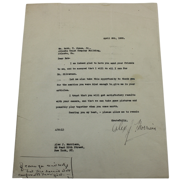 Copy of April 8, 1930 Letter from Alex Morrison to Bobby Jones