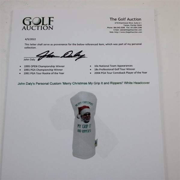 John Daly's Personal Custom 'Merry Christmas My Grip It and Rippers!' White Head cover