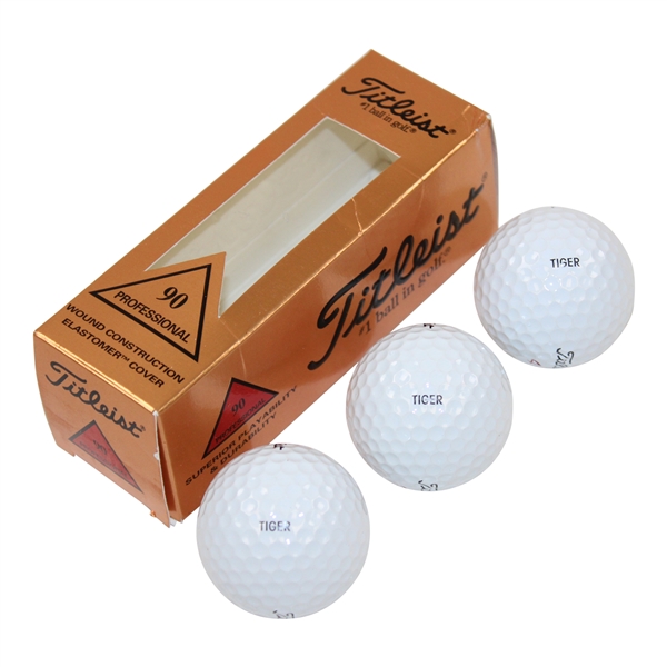 John Dalys Personal Sleeve of Three (3) Tiger Woods Personal Issued Titleist Golf Balls