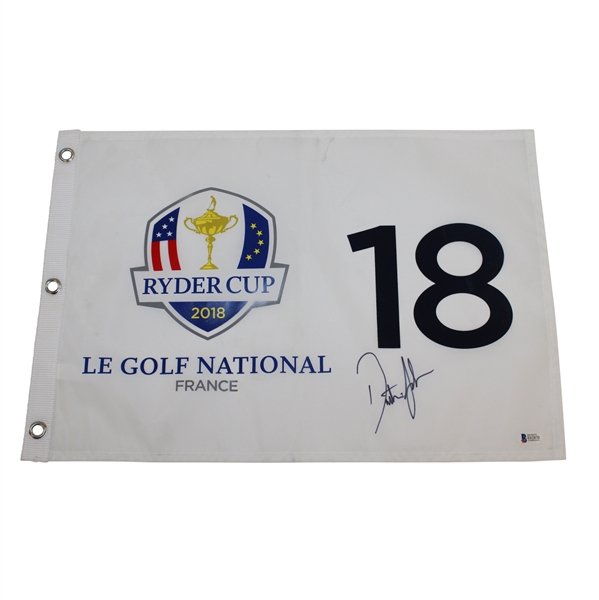 Dustin Johnson Signed 2018 Ryder Cup at Le Golf National Flag BECKETT #E62870