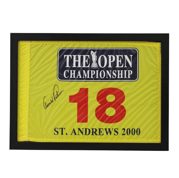 Arnold Palmer Signed 2000 The OPEN at St. Andrews Yellow Flag - Framed JSA ALOA