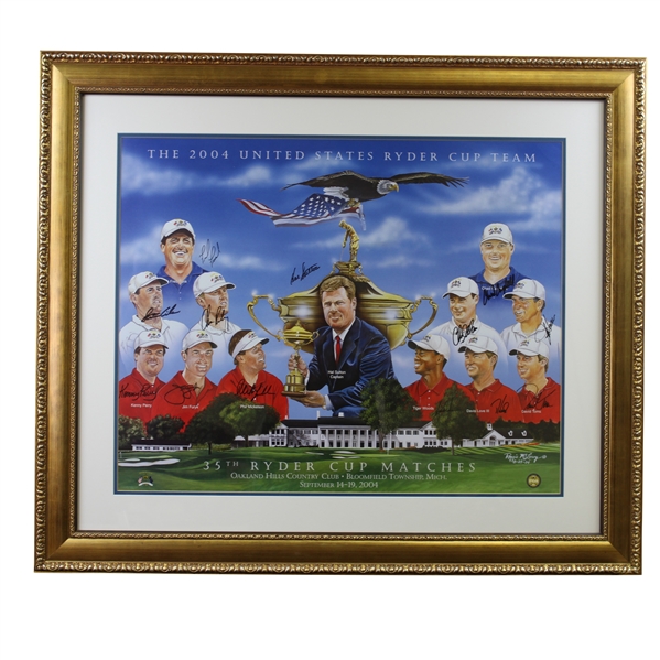 Tiger Woods & Team USA with Captain Sutton Signed 2004 Ryder Cup at Oakland Hills Poster JSA ALOA