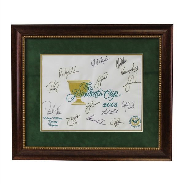 Tiger Woods, Captain Nicklaus & Team Signed 2005 The Presidents Cup Flag - Framed JSA ALOA