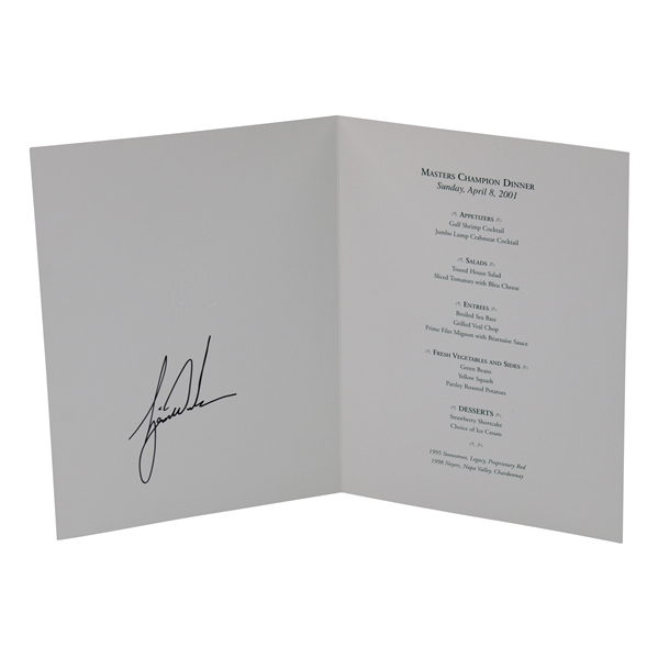 Tiger Woods Signed 2001 Masters Champion Dinner Menu - Night of Win! JSA ALOA