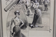 Circa 1900 Lady Golfer Watercolor Painting with Stovepipe Bags - Framed