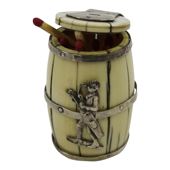Circa 1900 Sterling Silver & Ivory Match Holder Barrel with Lid