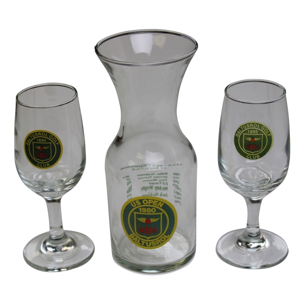 Two (2) Baltusrol Golf Club 1895 Logo Glasses & 1980 Us Open Logo Decanter