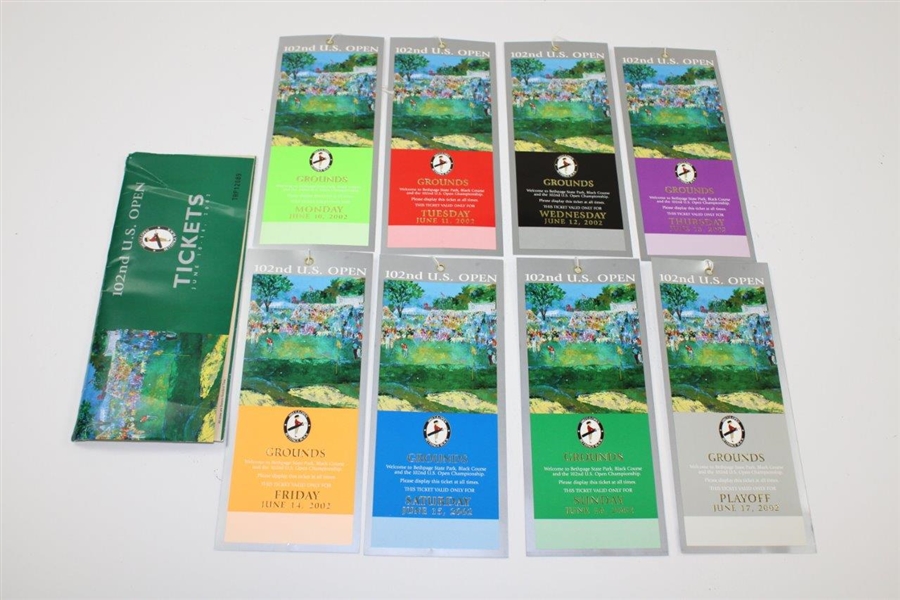 Full Complete Set of 2002 US Open at Bethpage Black Grounds Tickets with Original Envelope