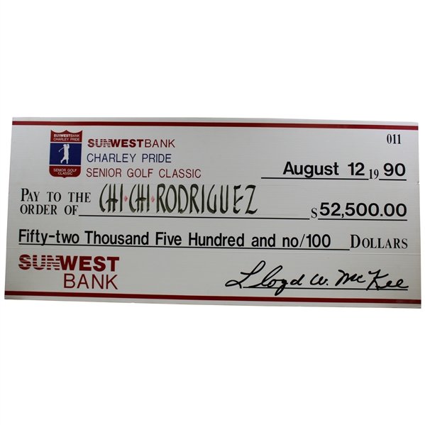 Chi-Chi Rodriguez's Personal Oversize Winner's Check from 1990 Charley Pride Senior Classic for $52,500