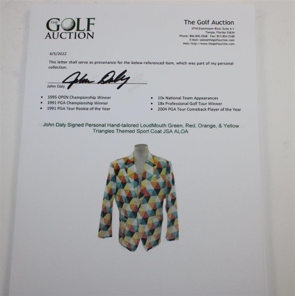 John Daly Signed Personal Hand-tailored LoudMouth Green, Red, Orange, & Yellow Triangles Themed Sport Coat JSA ALOA