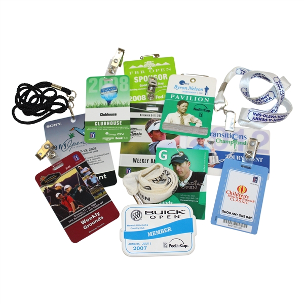 Ten (10) Various PGA Tour Badges Including Tiger Win 2007 Buick Open