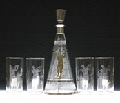 Vintage Silver Overlay Glass Decanter With Four (4) Drinking Glasses