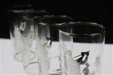 Vintage Silver Overlay Glass Decanter With Four (4) Drinking Glasses