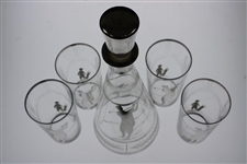 Vintage Silver Overlay Glass Decanter With Four (4) Drinking Glasses