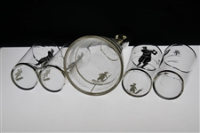 Vintage Silver Overlay Glass Decanter With Four (4) Drinking Glasses