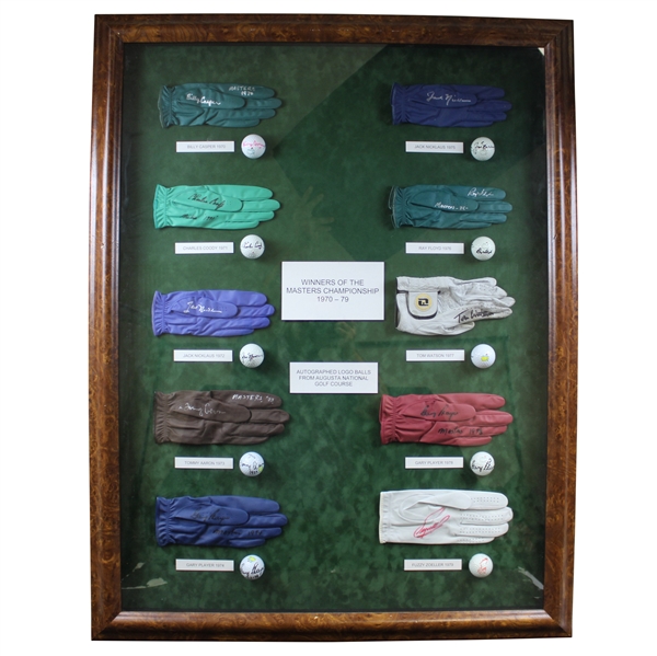 Ten (10) Masters Champs Signed Golf Balls/Gloves - Framed - Doug Sanders Collection JSA ALOA