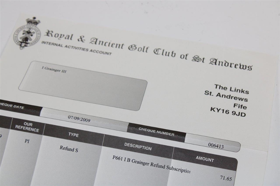 Royal & Ancient Golf Club of St Andrews Subscription Refund Check Issued to Ike Grainger