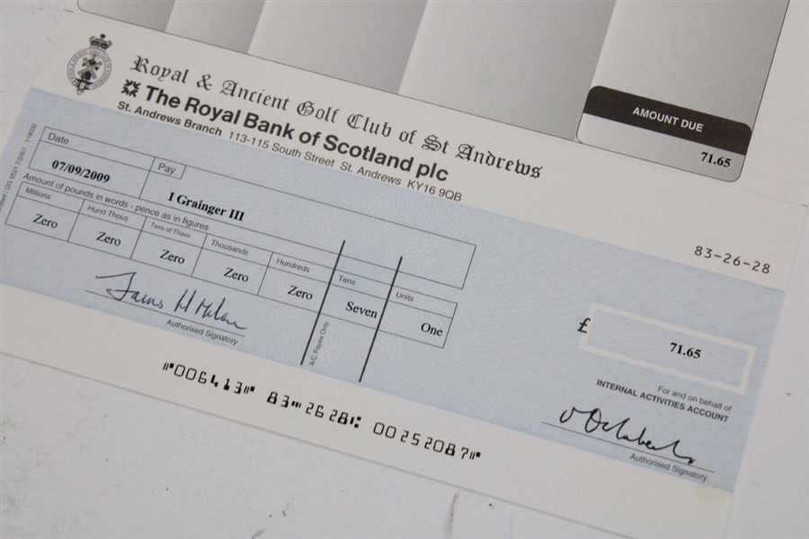 Royal & Ancient Golf Club of St Andrews Subscription Refund Check Issued to Ike Grainger